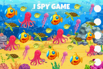 Naklejka na ściany i meble I spy game. Cartoon sea animals, fish, submarine and underwater landscape. Object finding puzzle, calculation quiz or kids game vector worksheet with turtle, octopus, fish and jellyfish sea animals