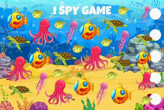 I spy game. Cartoon sea animals, fish, submarine and underwater landscape. Object finding puzzle, calculation quiz or kids game vector worksheet with turtle, octopus, fish and jellyfish sea animals