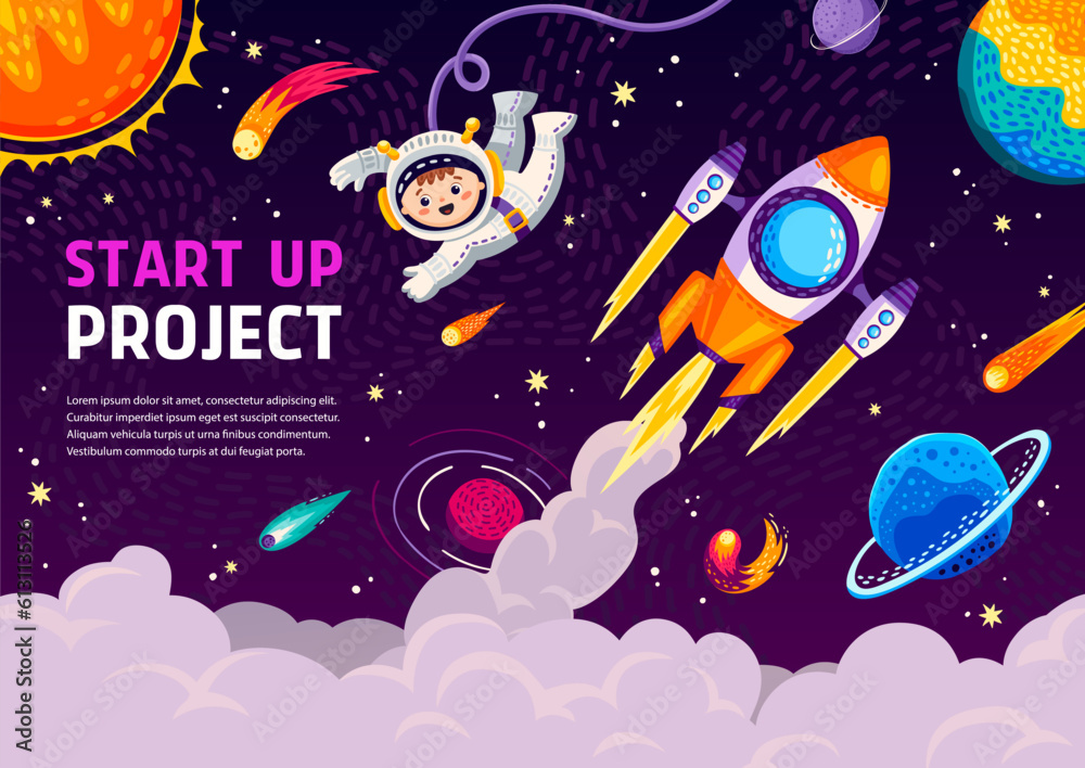 Poster Fast start, cartoon spaceship rocket launch with chemtrail clouds. Vector space themed banner or landing page for business start up project with astronaut, spaceship takeoff and galaxy planets