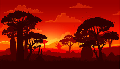 Fototapeta na wymiar African savannah sunset landscape silhouette. Scenery panorama with baobab trees, surikats animals silhouettes looking on setting or rising sun. African nature, savannah flora and fauna background