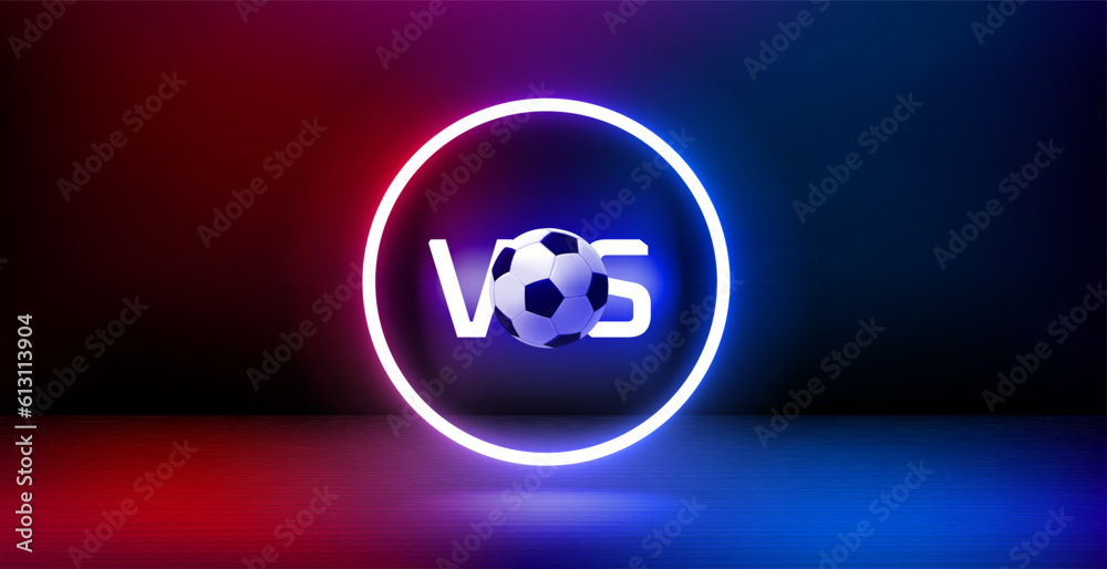Aufkleber Showcase and shining neon frame and football versus concept. 3d vector banner with copy space