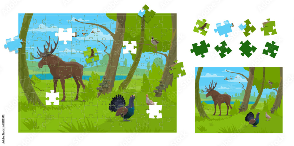 Poster forest animals and birds on jigsaw puzzle quiz pieces, vector kids game. jigsaw puzzle to match and 