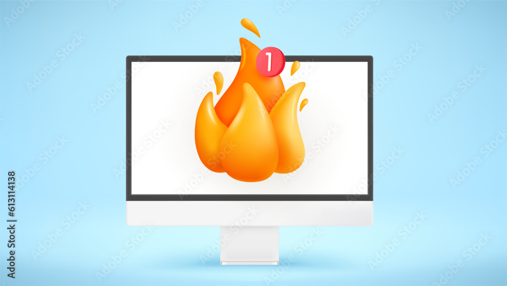 Poster Modern computer with new hot message icon. Hot message concept. 3d vector mockup