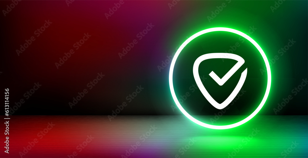 Aufkleber banner with shining neon frame and shield icon. 3d vector illustration with copy space