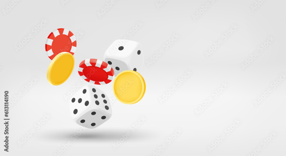 Poster gambling addiction concept with dice, chips and coins. 3d vector banner with copy space