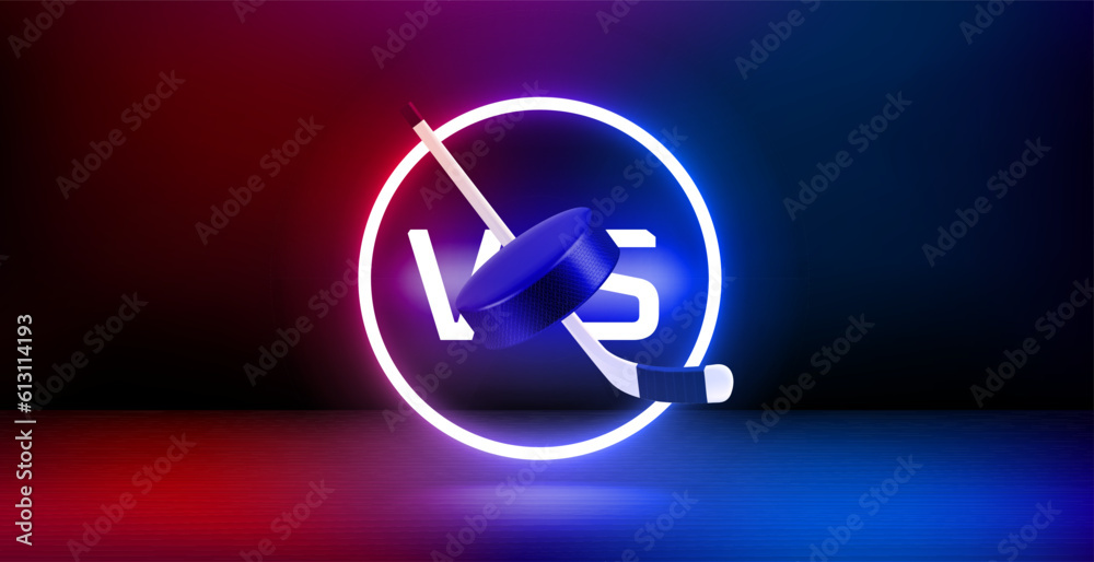 Aufkleber showcase and shining neon frame and ice hockey battle concept. 3d vector banner with copy space