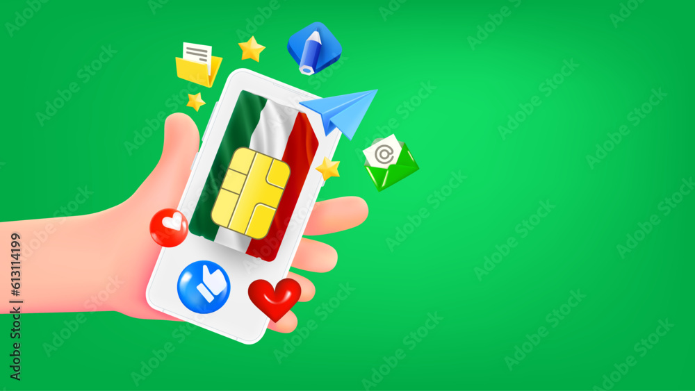 Fototapete man holding smartphone with bulgarian mobile operator sim card and app icons. safety concept. 3d ban