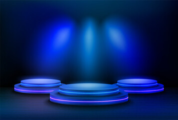 Interior with stage and shining projectors. 3d vector illustration