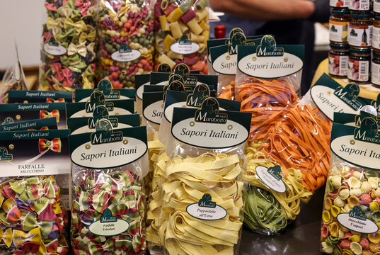  Variety Of Types, Shapes And Colors Of Italian Pasta At Enoexpo And Gastrofood - Trade Fair For Food And Drinks For Catering