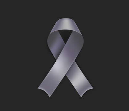 Brain cancer awareness month symbol. Grey ribbon isolated on black background