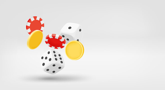 Gambling addiction concept with dice, chips and coins. 3d vector banner with copy space