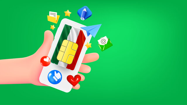 Man holding smartphone with Bulgarian mobile operator SIM card and app icons. Safety concept. 3d banner with copy space