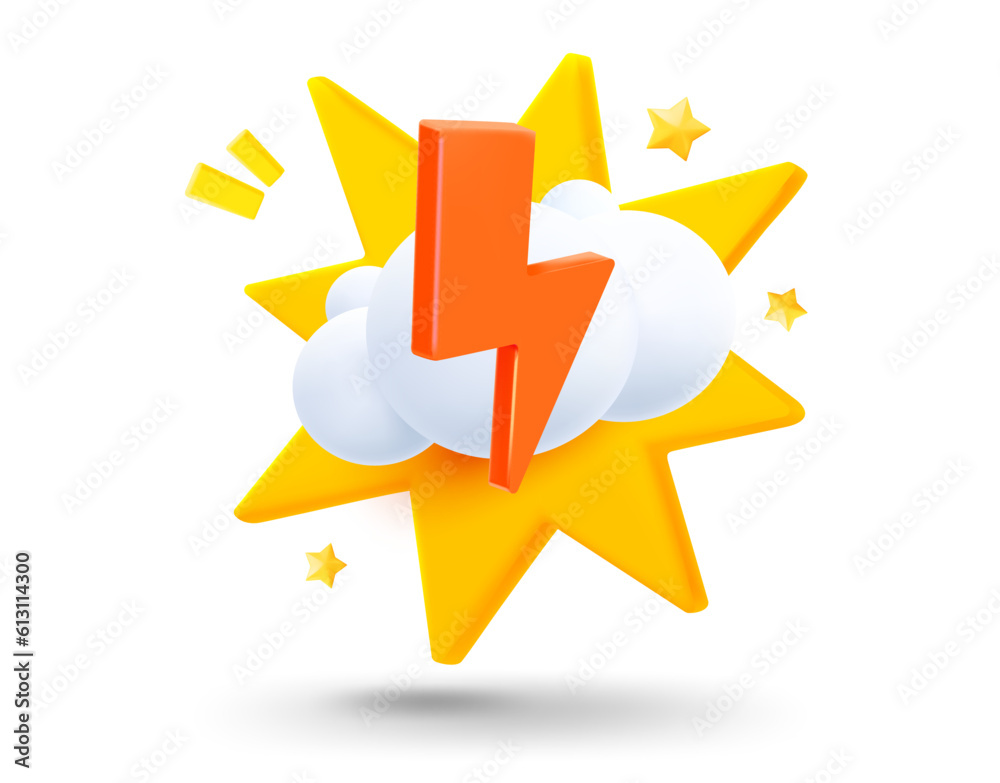 Poster Cloud with bolt with explosion effect. 3d vector mobile application icon with notification