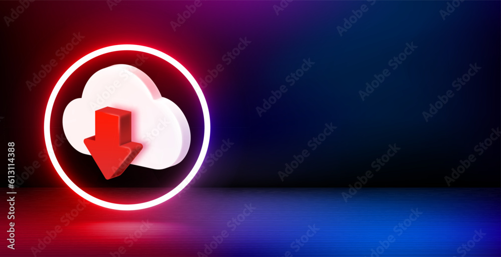 Poster banner with shining neon frame and download sign. 3d vector banner with copy space