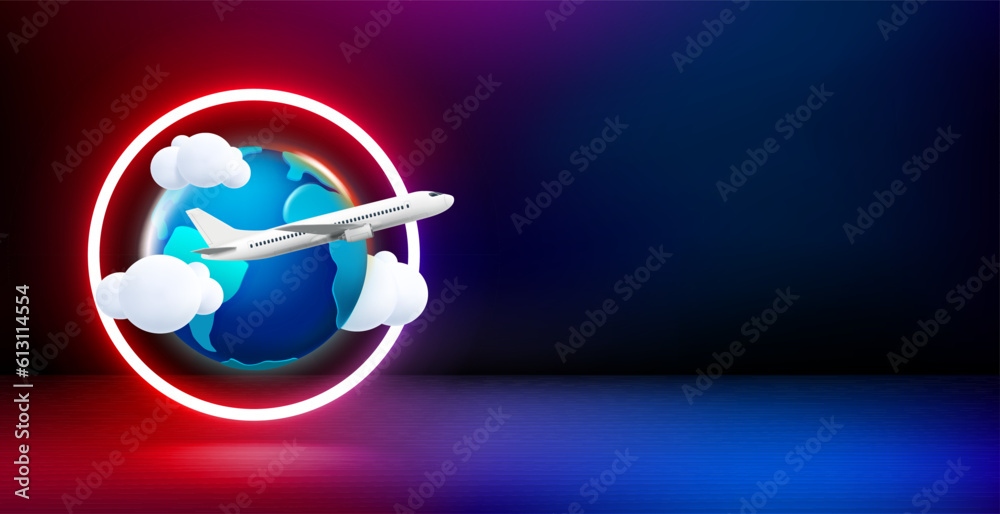 Poster product showcase and shining neon frame with sale sign. 3d vector banner with copy space. travel con
