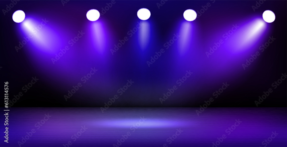 Poster empty interior with stage and shining projectors. 3d vector illustration
