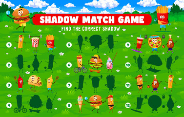 Shadow match game. Cartoon fastfood characters on sport vacation. Matching quiz vector worksheet with burger, popcorn, pizza, soda and taco, fries cute personage playing ball, skating and doing sports