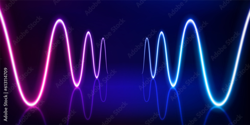 Poster illuminated interior with empty stage and neon glowing waves. 3d vector illustration