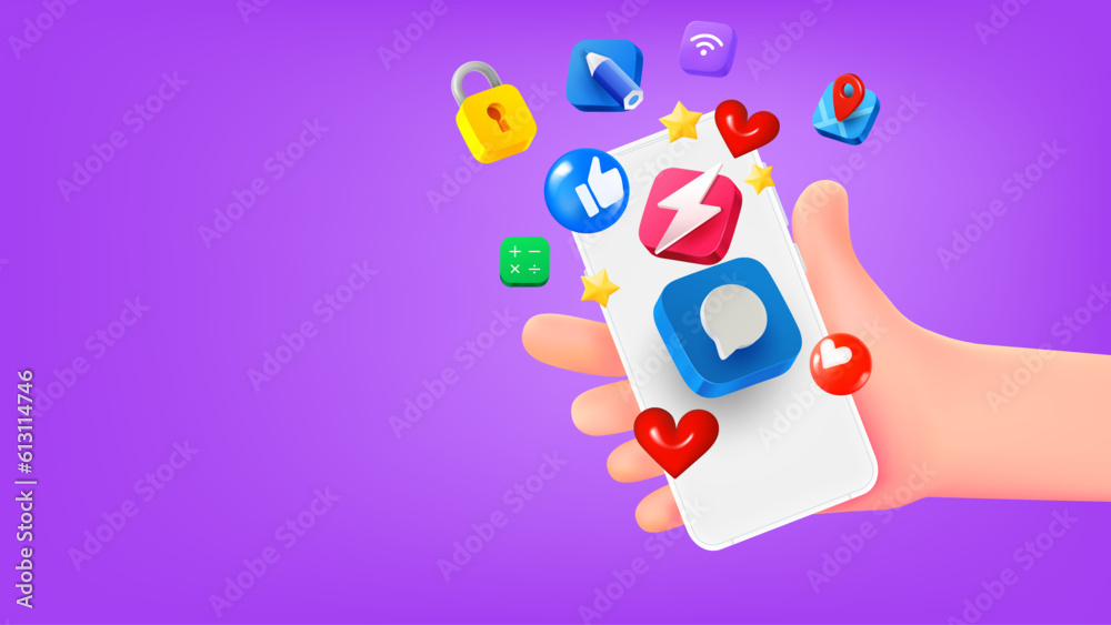 Poster man holding smartphone with social media app icons. 3d banner with copy space