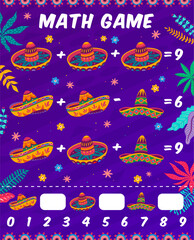 Math game worksheet with Mexican sombrero hats, vector mathematics quiz for kids. Cartoon Mexican sombrero hats in math game puzzle game for addition or subtraction calculation skills