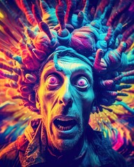 Fototapeta na wymiar Colorful psychedelic face, deep trippy 