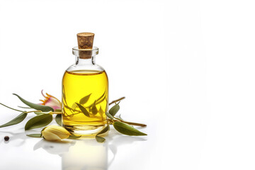 Yellow fragrant massage oil in a glass bottle on a white background, Generative AI, generative artificial intelligence