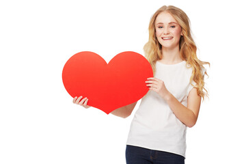 Fototapeta na wymiar Portrait, heart and emoji with a woman on valentines day isolated on a transparent background for romance. Social media, love and icon with an attractive young female person holding a shape on PNG