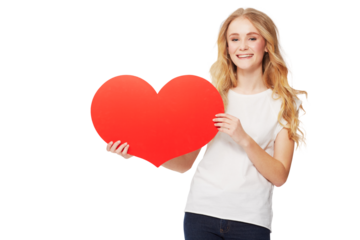 Portrait, heart and emoji with a woman on valentines day isolated on a transparent background for romance. Social media, love and icon with an attractive young female person holding a shape on PNG