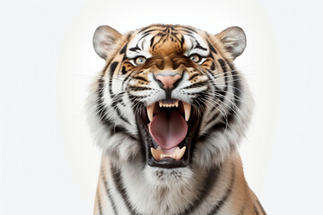Fototapeta premium Close-up of a tiger with open mouth isolated on white background (AI generated)