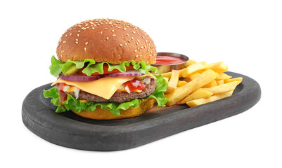 Delicious burger with beef patty, tomato sauce and french fries isolated on white