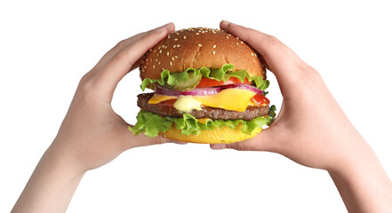 Woman holding delicious burger with beef patty and lettuce on white background, closeup