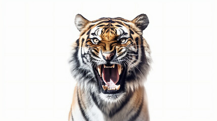 Close-up of a tiger with open mouth isolated on white background (AI generated)