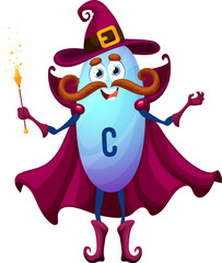 Cartoon vitamin C wizard character. Vector ascorbic acid capsule, magical nutritional supplement personage with sparkling wand. Isolated moustached funny mage in cloak and pointed hat casting spell