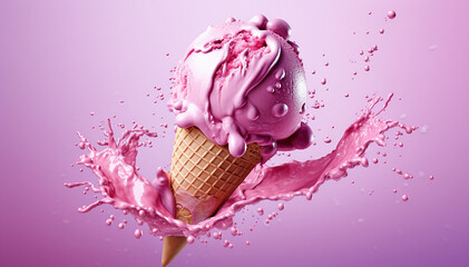 Ice cream in waffle cone. Strawberry colorful pink ice-cream isolated on violette background. Copy space. Summer holidays food. Summertime sweet dessert. Closeup. Banner. AI generative
