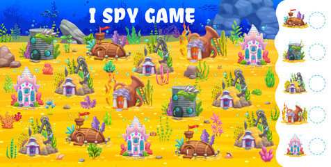 Naklejka premium I spy game cartoon fairytale underwater house buildings. Vector riddle worksheet with cartoon tin can, jug, ship and anchor with seashell fantasy homes on sea bottom. How many dwellings children test