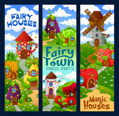 Cartoon fairytale house buildings, magic houses and dwellings. Vector banners with fairy village, gnome and elf homes. Cup, boot, windmill and apple. Strawberry, eggplant, pear, cabbage and pineapple