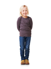 Full body, happy girl or child casual, jeans or clothes isolated on transparent png background for school or education. Kindergarten, excited and smile of kid in USA with blonde hair and cool fashion
