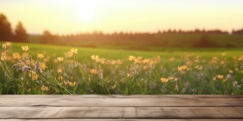 empty wooden table blurred wheat, flower field in the background. with Generative AI