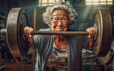 Energetic and strong elderly woman lifts a heavy barbell - ai generative