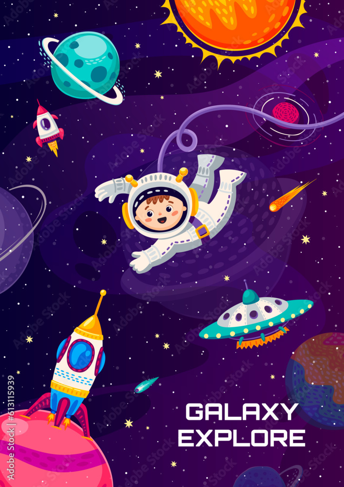 Poster cartoon space poster with kid astronaut character. galaxy research, space exploration vector banner 