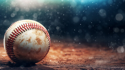 Fototapeta na wymiar AI generative image about baseball with a baseball ball and a bokeh blurry stadium as background 