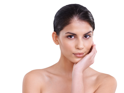 Face, skin and beauty portrait of a woman with skincare, dermatology and natural makeup or cosmetics. Indian female aesthetic model isolated on a transparent, png background for facial glow and shine