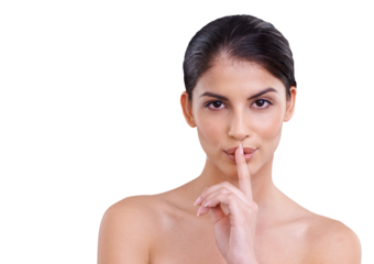 Beauty, secret and portrait of woman with finger on her mouth isolated in a transparent or png background. Privacy, shush and quiet young female person with skincare, self care and dermatology