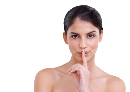 Beauty, secret and portrait of woman with finger on her mouth isolated in a transparent or png background. Privacy, shush and quiet young female person with skincare, self care and dermatology