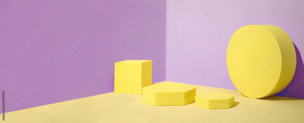 Poster yellow pedestal product display background with modern geometric block in sunshine light with summer
