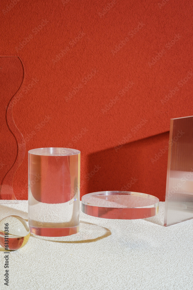 Poster transparency glass pedestal product display modern background light and shadow refection backdrop