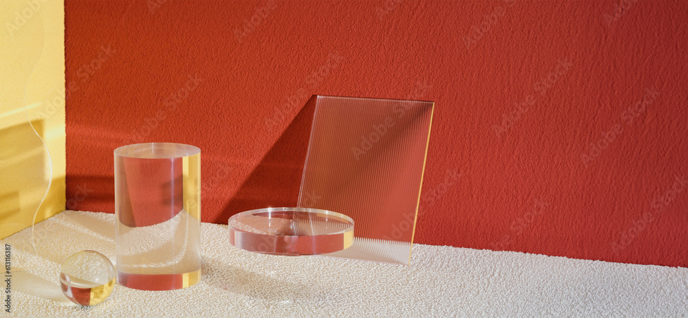 Poster transparency glass pedestal product display modern background light and shadow refection backdrop
