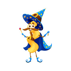 Cartoon Halloween italian pasta wizard character. Isolated vector torchio noodle personage wearing pointed hat and cloak with stars holding magic wand and amulet ready to cast delicious culinary spell