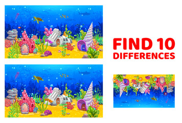 Find ten differences. Cartoon sea underwater landscape with fairytale house buildings. Difference search kids game vector worksheet with coral, castle and seashell, fantasy dwelling on ocean bottom