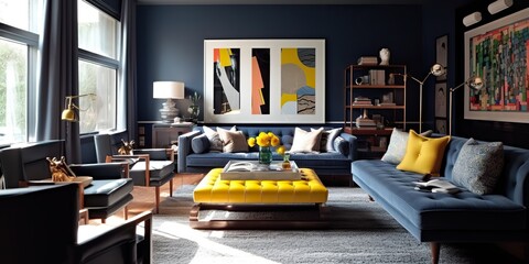 AI Generated. AI Generative. Architecture indoor decoration design. Living room appartment with vibrant bright blue yellow navy design decoration. Graphic Art